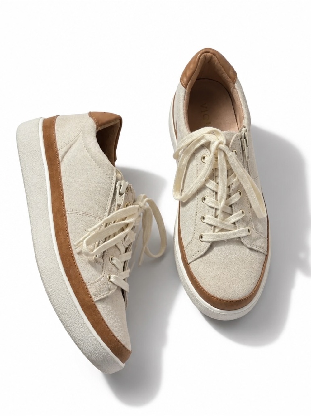 Vionic Casual Women's Cream Suede Lace-Up Sneakers with Brown Trim